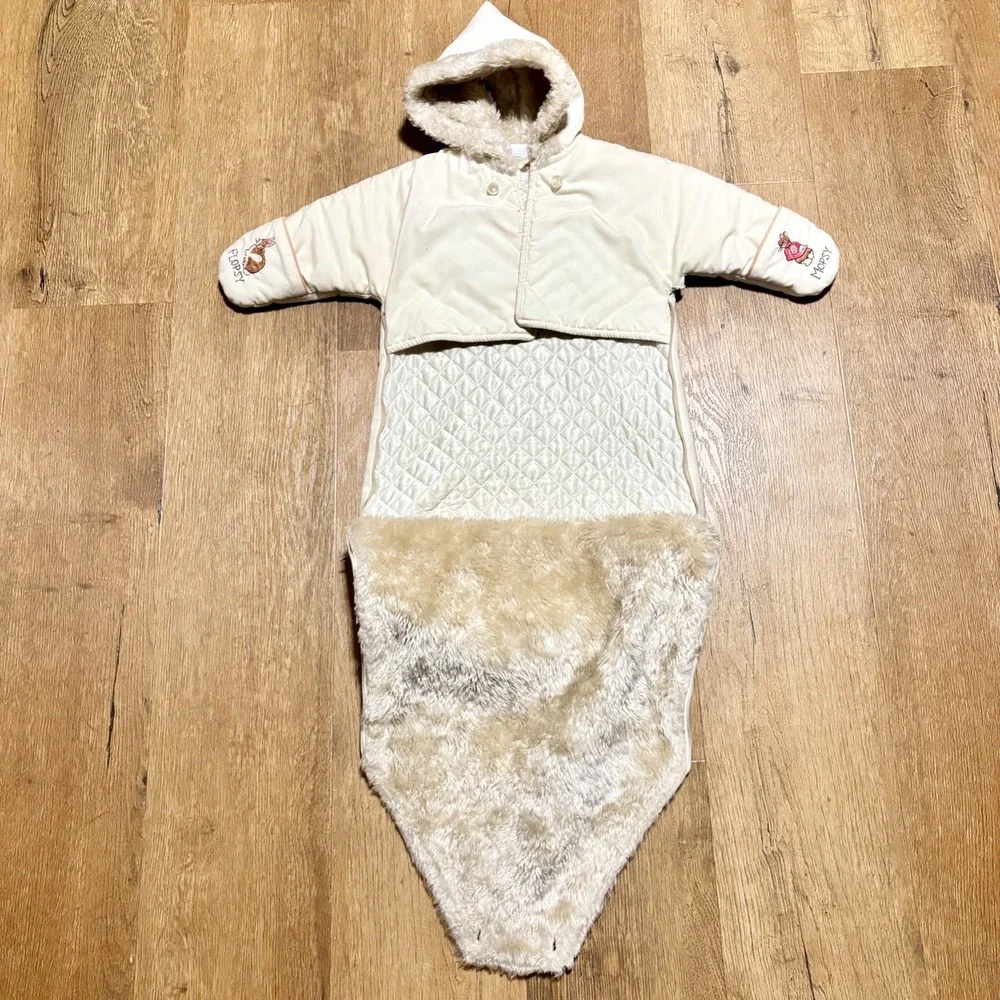VTG Beatrix Potter Baby Bunting Snowsuit Peter Rabbit Embroidery Fur Hand Covers